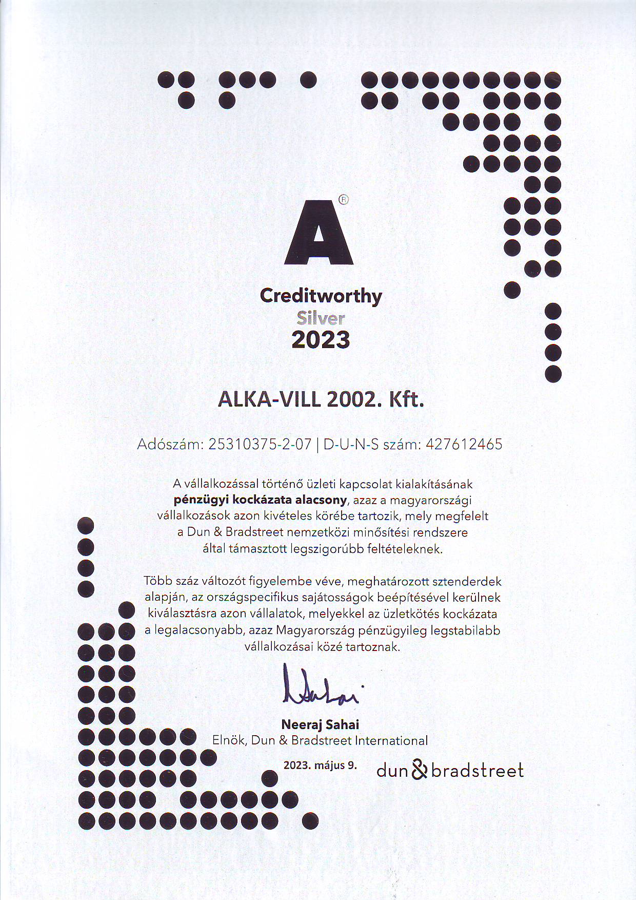 A Dun & Bradstreet A tanúsítványa