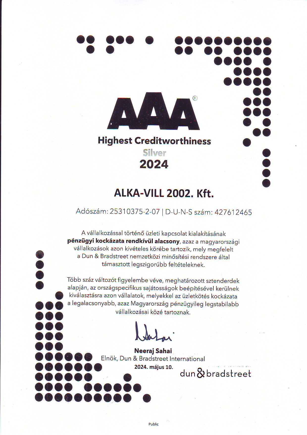 A Dun & Bradstreet AAA tanúsítványa