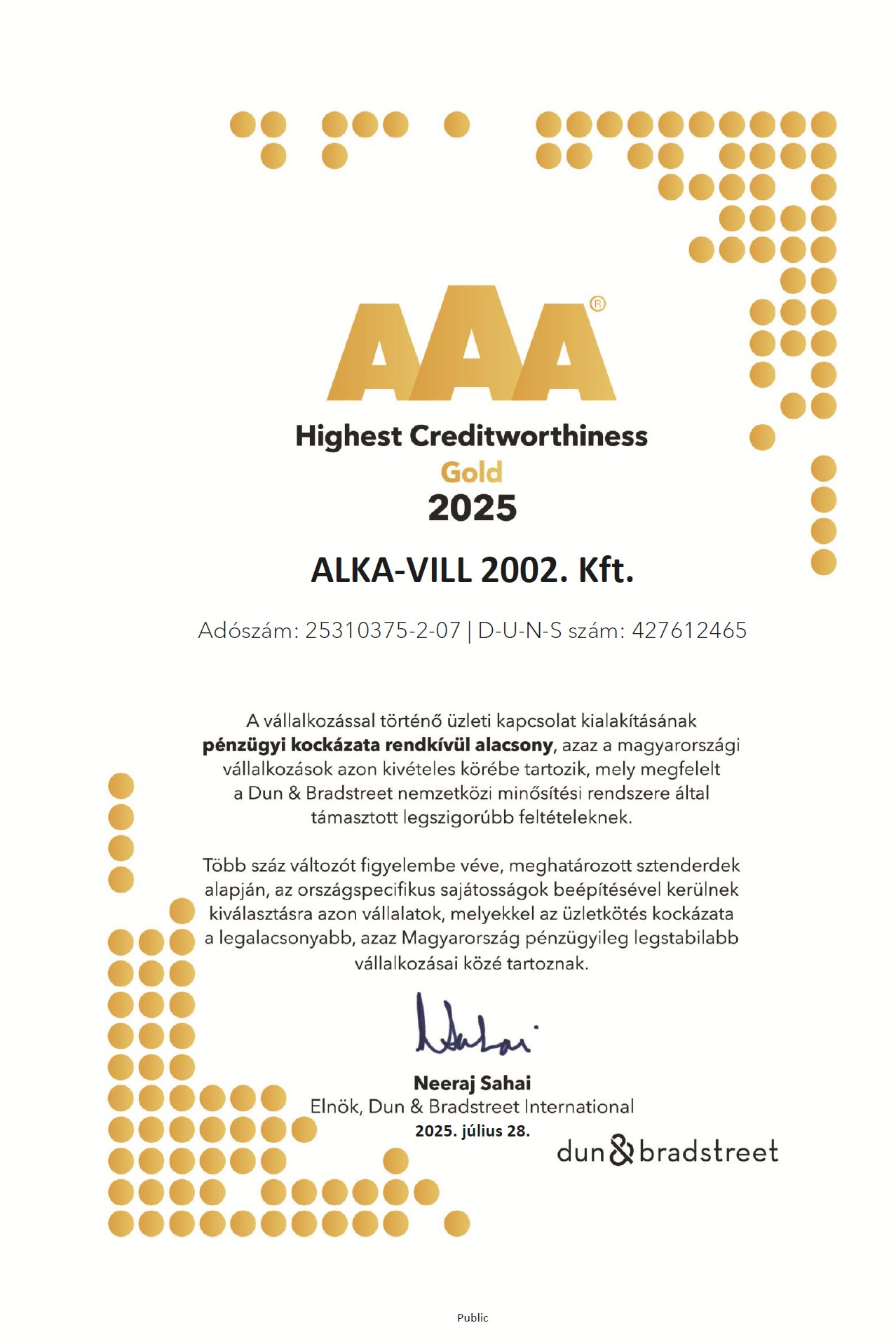 A Dun & Bradstreet AAA tanúsítványa