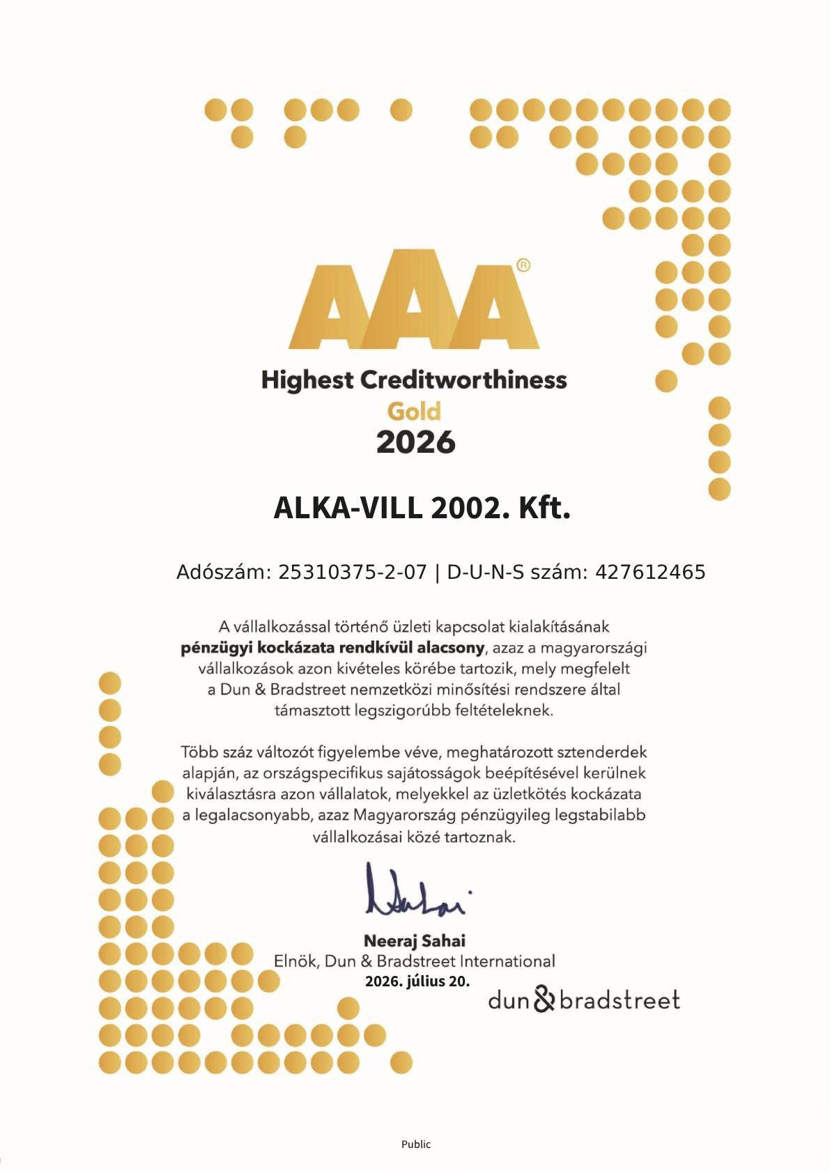 A Dun & Bradstreet AAA tanúsítványa