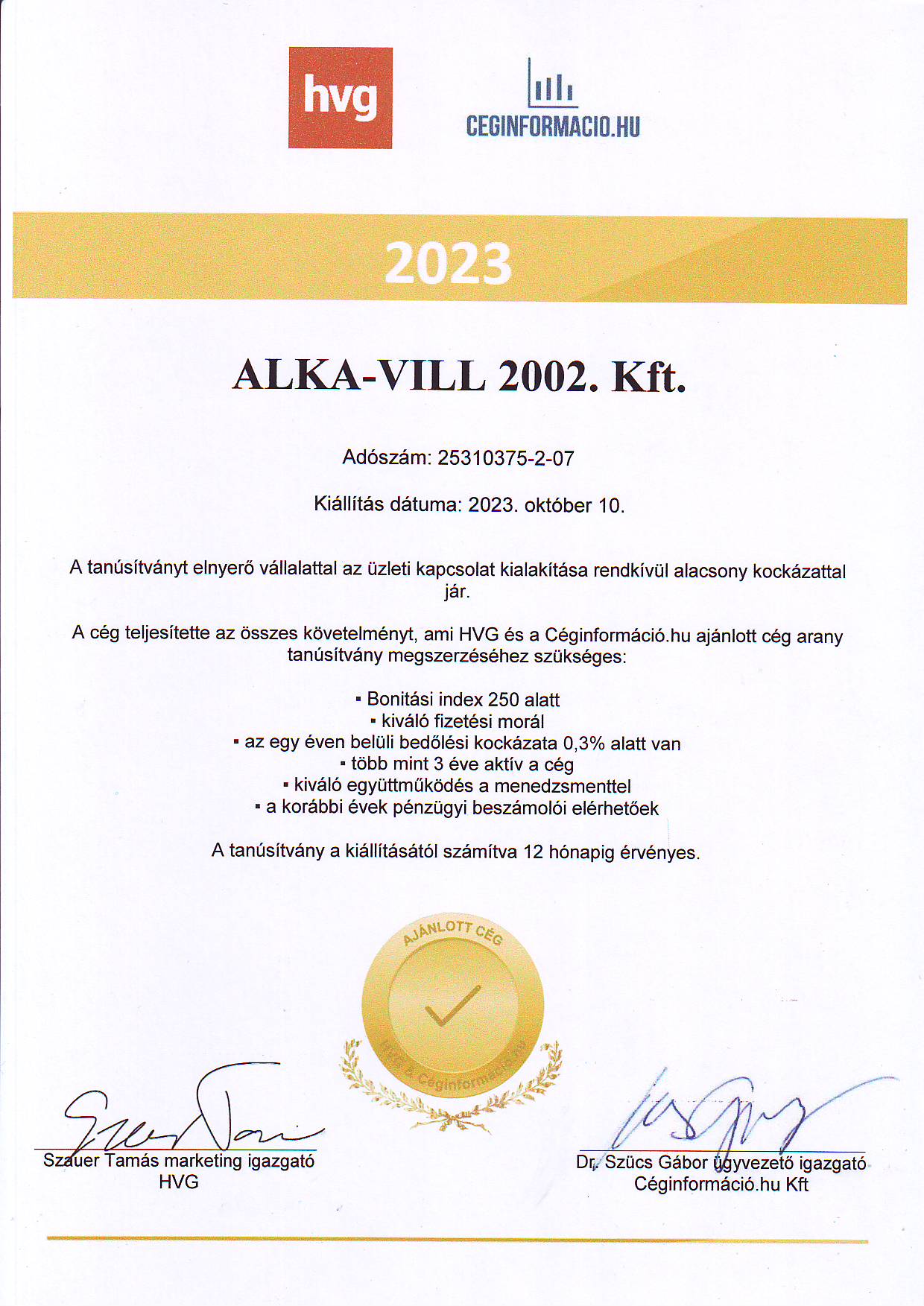 A HVG és a Céginformáció.hu ARANY tanúsítványa
